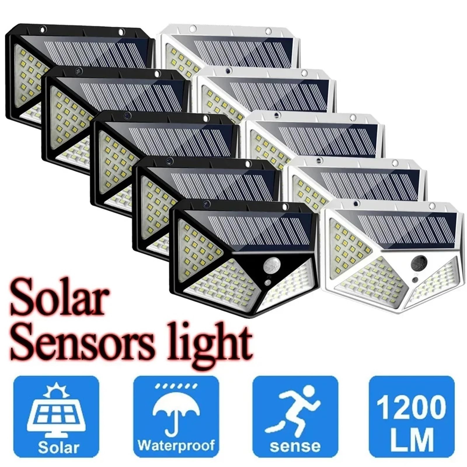 Solarne lampy ścienne, 100 diod LED, wodoodporna, zewnętrzna, z czujnikiem ruchu, zasilane energią słoneczną, światło uliczne, do ogrodu, czarne J14 szt