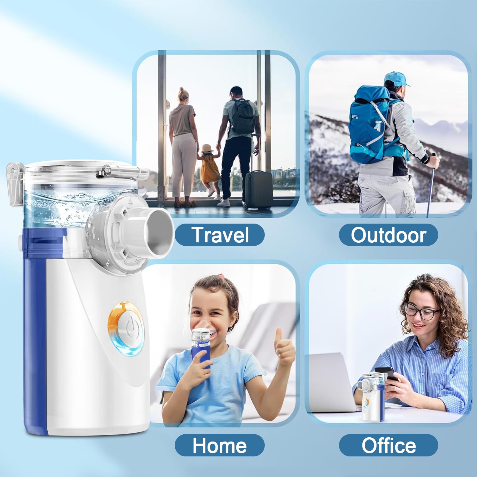 Aerosol Portatile Silenzioso, Wholede Macchina Aerosol per Adulti e Bambini, Aerosol Ultrasuoni con 2 Maschere E Boccaglio, 2 Modalità Regolabili, USB-C Ricaricabile(Blu)