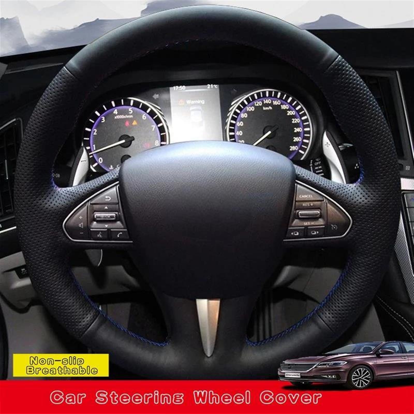 Osłona Kierownicy Samochodu DIY Skóra Z Mikrofibry Akcesoria Do Wnętrza Dla Infiniti QX50 2015 Q50 2014(Blue Thread)