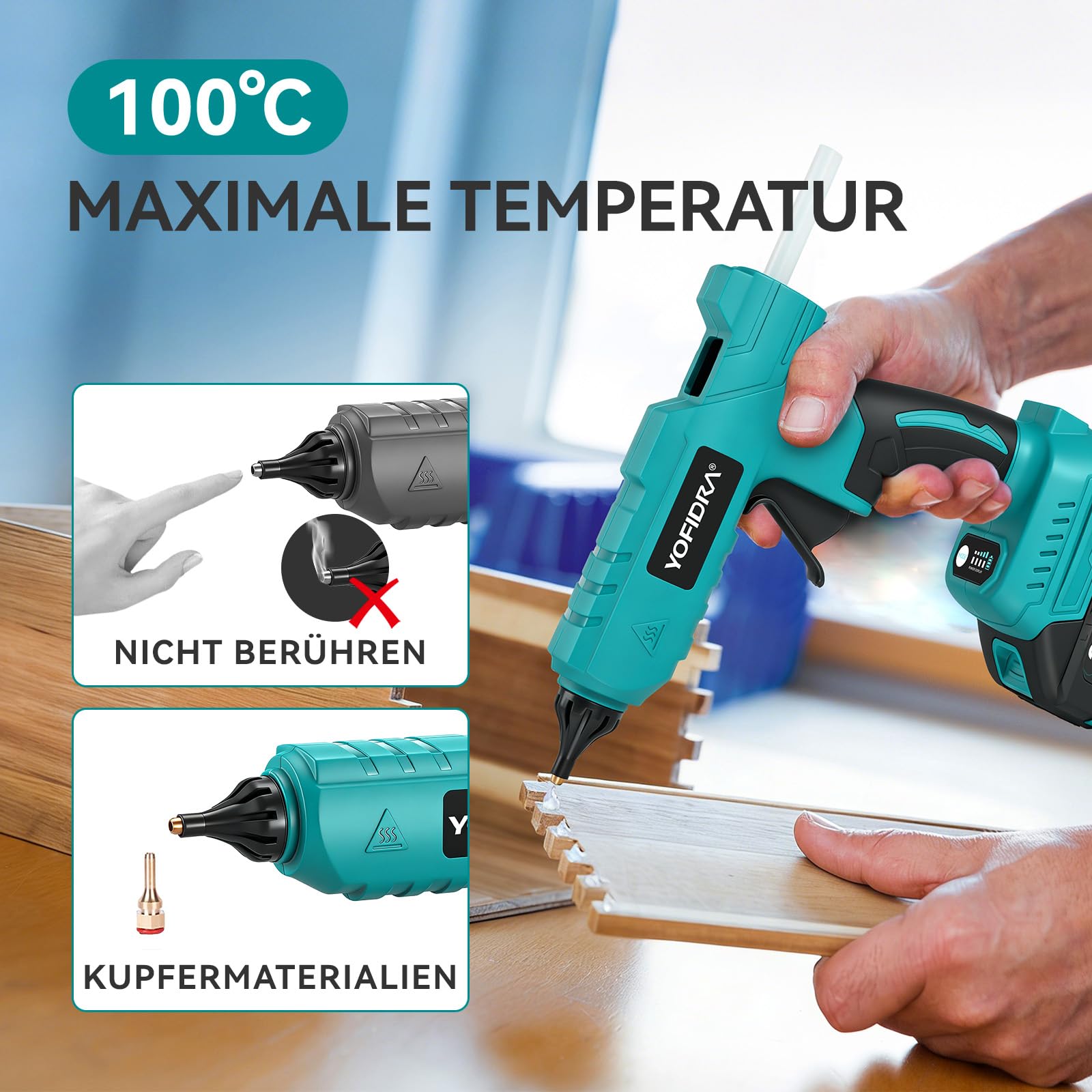 Yofidra 100W Akku Heißklebepistole Kabellos - Heissklebepistole mit 10 Klebesticks(11mm), 2 2.0Ah Akku und und Ladegerät, Schnell Aufheizung, Ideal für DIY, Reparaturen und Basteln, Blau