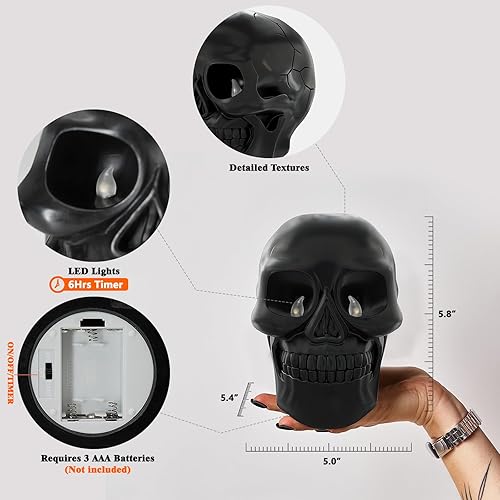 Miniatura 7 de Patiphan Vela sin llama de calavera de Halloween con ojos iluminados y temporizador, estatua de vela de esqueleto de cera aterradora, funciona con