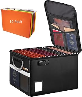 Fireproof Document Box With 10 Pack Hanging File Folders, Letter Size, Fireproof File Cabinet Box Storage Filing Cabinet Box with Lock, 16.1 x 12.9 x 11 inch (Black)