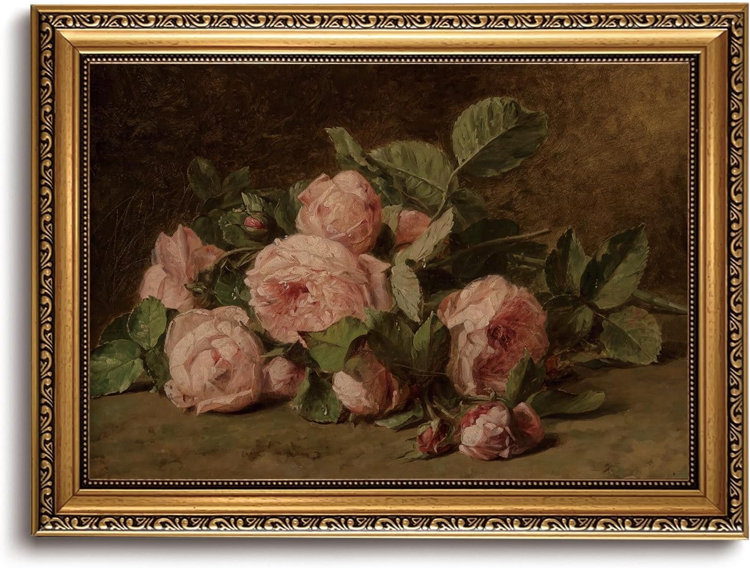 KISSFOX Gold Framed Wall Art Vintage Wall Decor Rose Floral Canvas Art Flower Pictures Dark Botanical Paintings Rustic Moody Artwork For Living Room Kitchen Bedroom