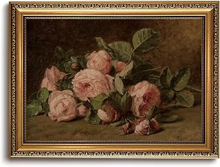 KISSFOX Gold Framed Wall Art Vintage Wall Decor Rose Floral Canvas Art Flower Pictures Dark Botanical Paintings Rustic Moody Artwork For Living Room Kitchen Bedroom