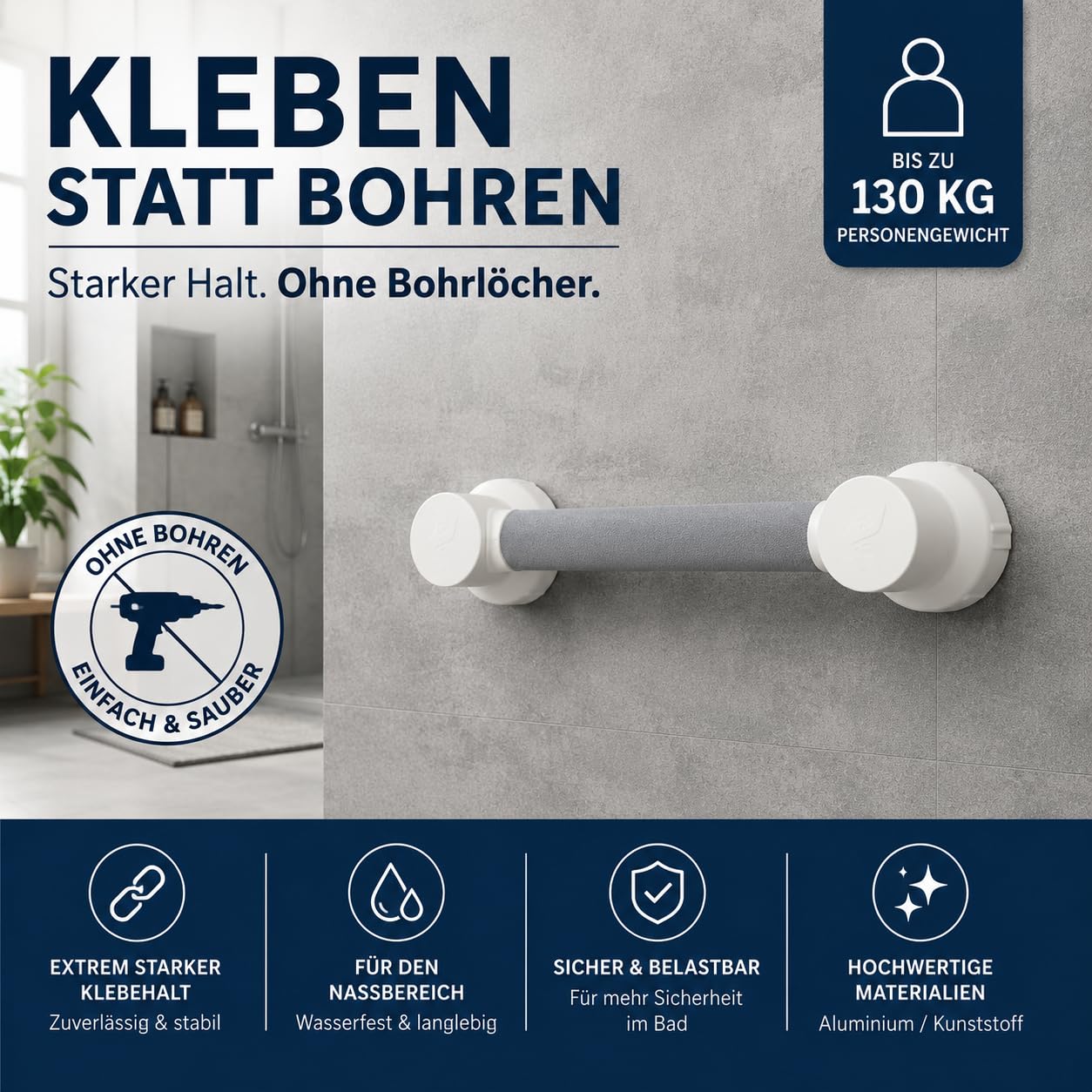 Soft-touch Haltegriff zum Kleben – Bad, Dusche & Toilette bis 130 kg belastbar, rutschhemmend, rückstandsfrei entfernbar
