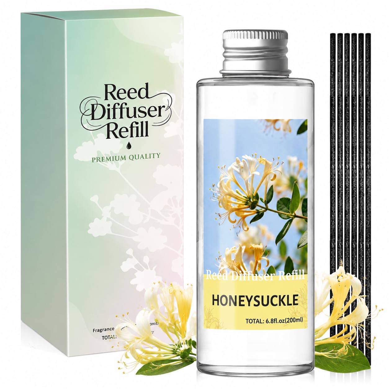 Scent-Hi Reed Diffuser Refill 200ml, Honeysuckle Scent, 6 Reed Sticks