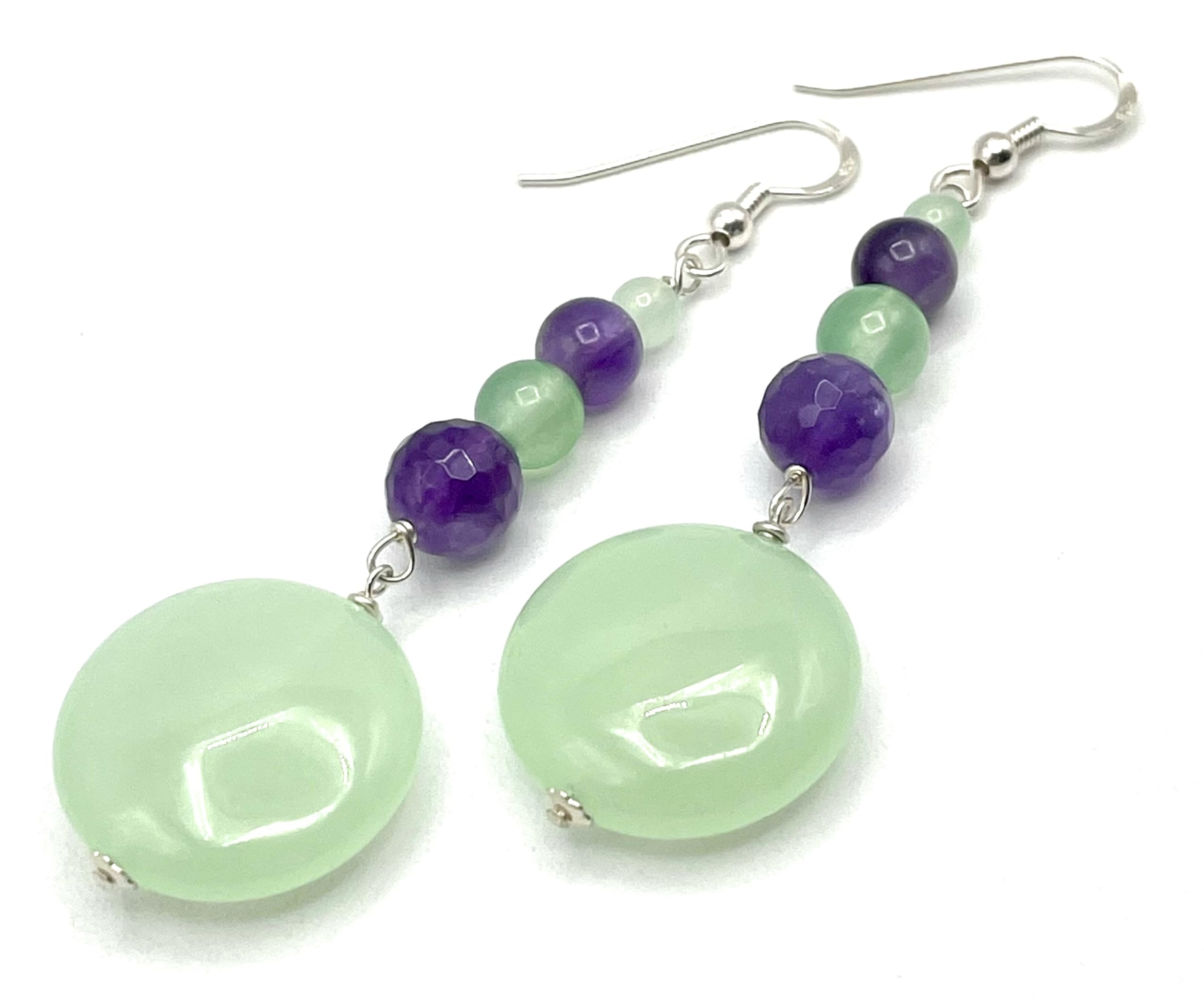 Orecchini Giada Verde e Ametista Viola, Pendenti in Argento 925, Gioielli Pietre Dure, Bijoux Estate, Regalo per Lei