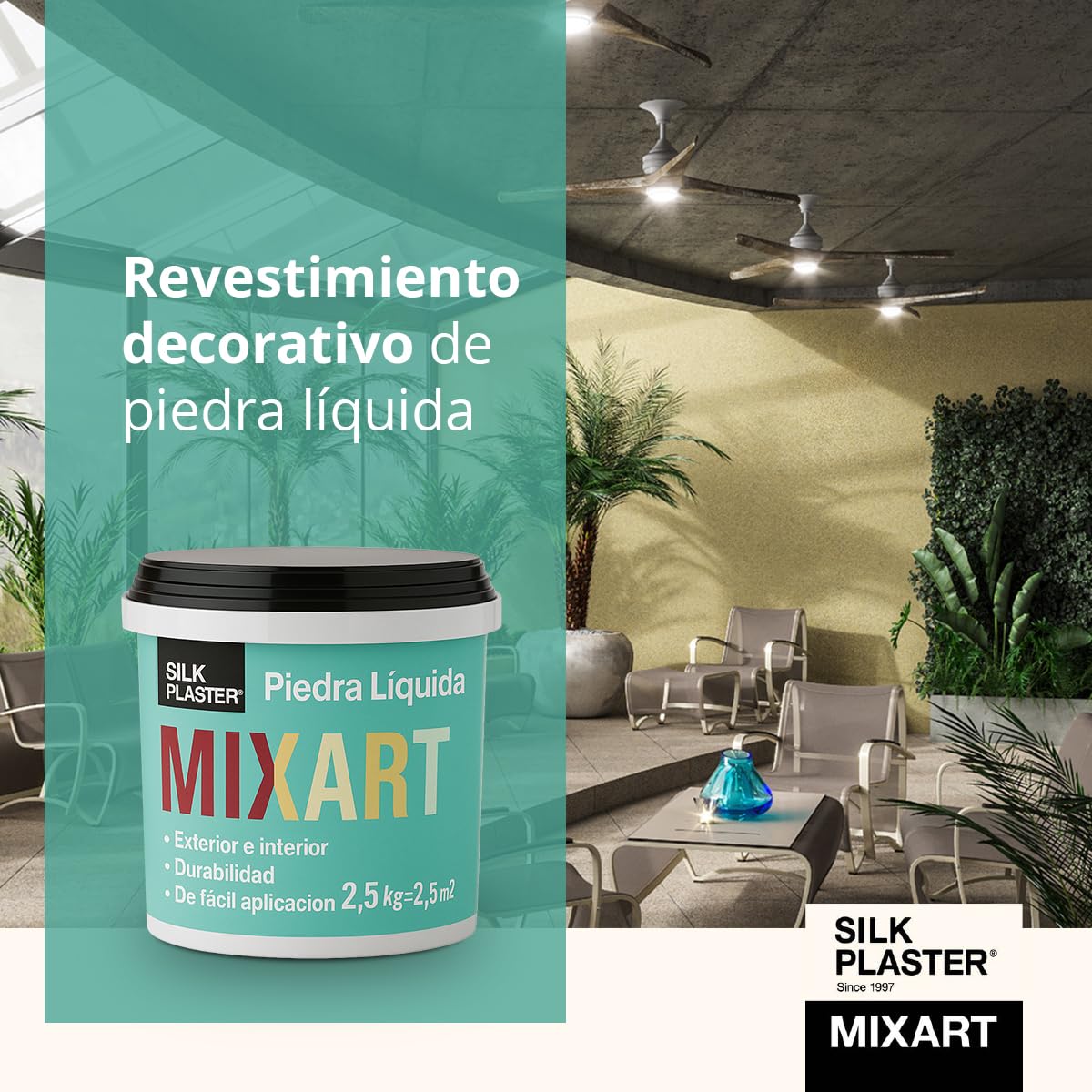 Mixart Revestimiento Decorativo de Piedra Líquida 2,5 Kg - Rendimiento hasta 2,5 M2 - Interior y Exterior - Efecto Piedra Natural - Beige Piedra Natural