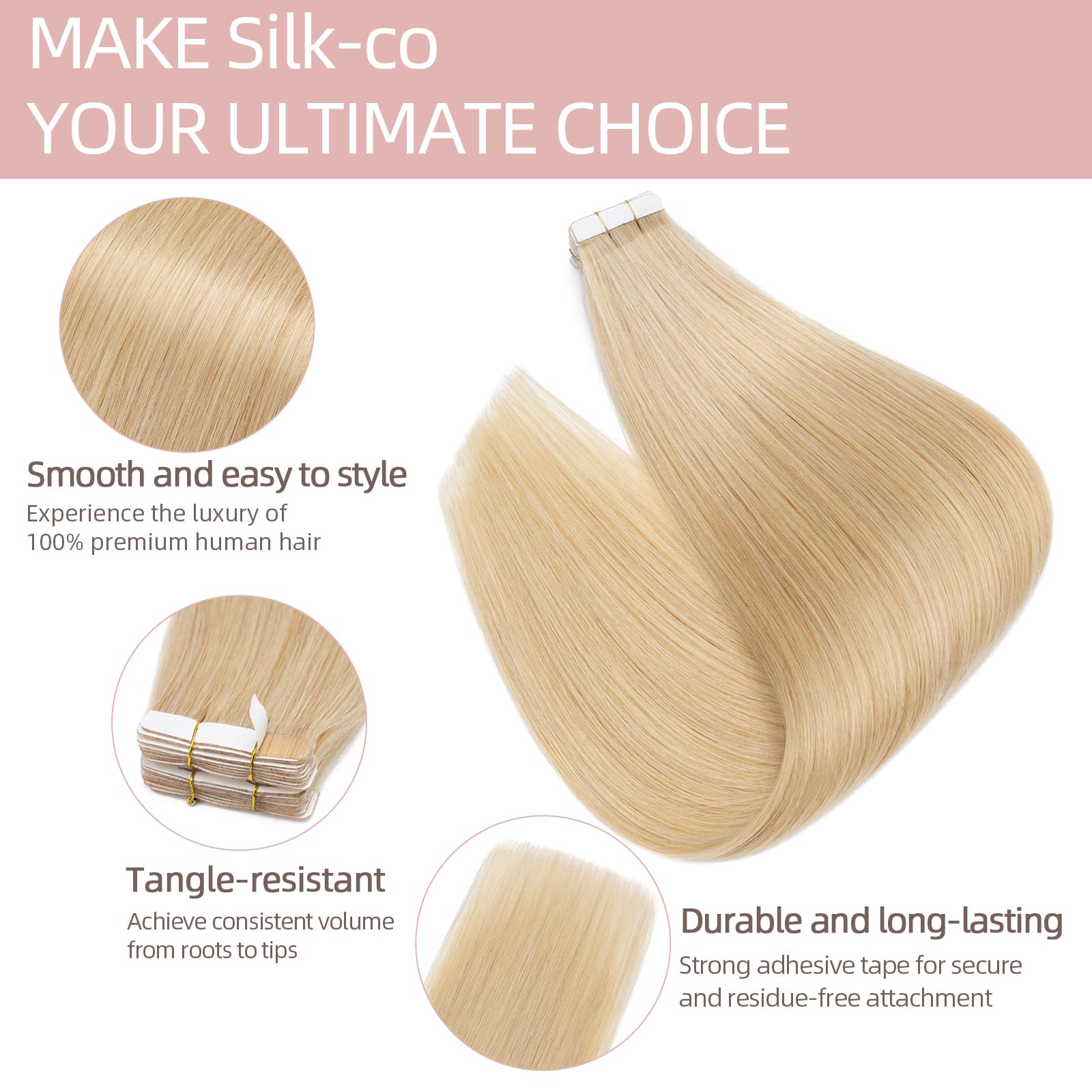 18" Tape in Hair Extensions Real Human Hair #24 Natural Blonde Remy Extension Hair Pieces Silky Straight 20 Pcs Skin Weft - Image 2