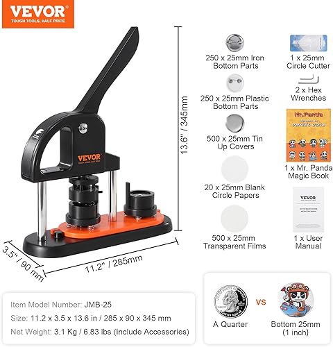 Miniatura 7 de VEVOR Máquina para hacer botones, fabricante de pines de 0.98 pulgadas0.984 in, kit de prensa perforadora de insignias sin instalación, suministros