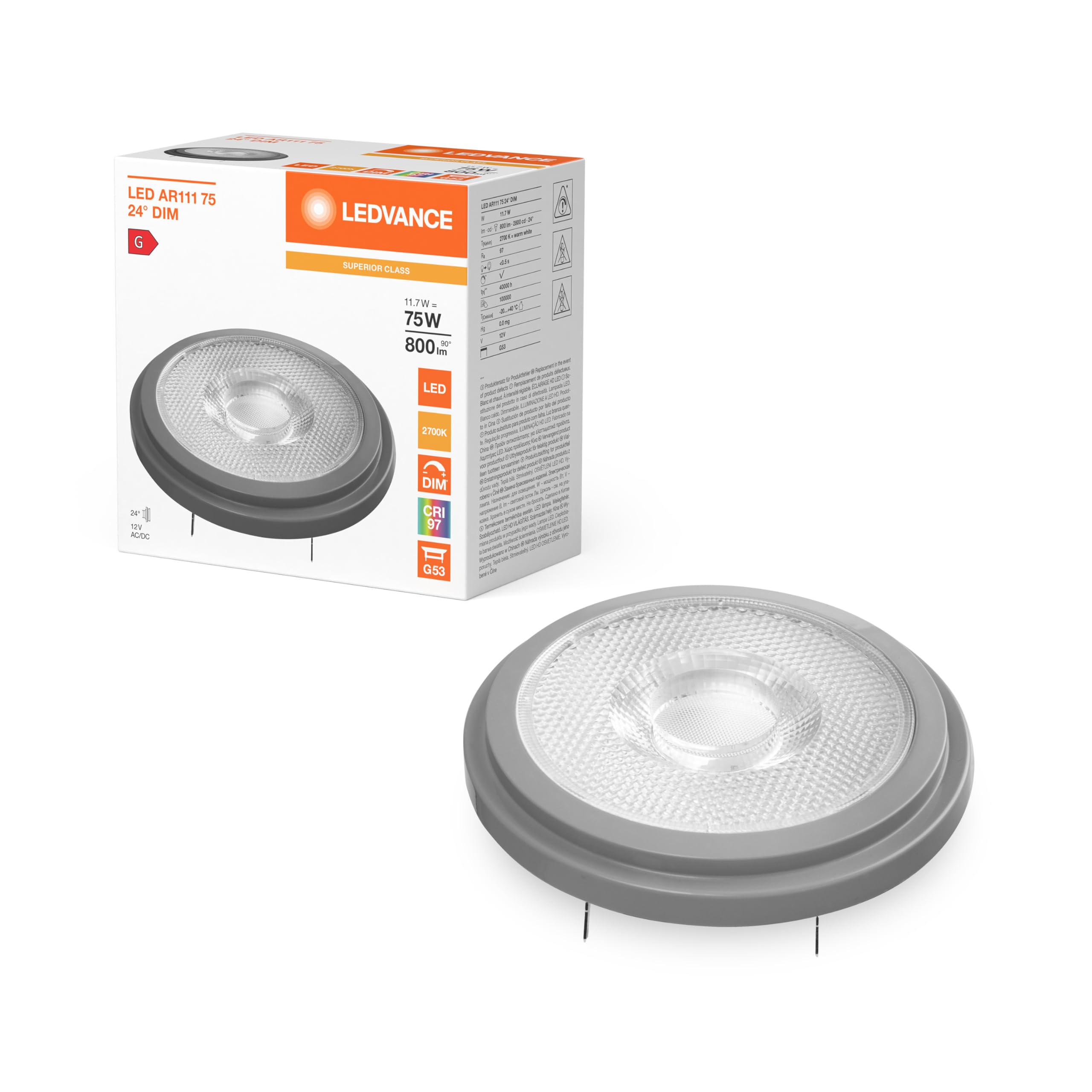 LEDVANCE 6x LED AR111 Spot, Warmweiß 2700K, 11,7W, Dimmbar, G53 Sockel, 75W Halogen Ersatz, 24° Abstrahlwinkel, 12V 6er SPARPACK