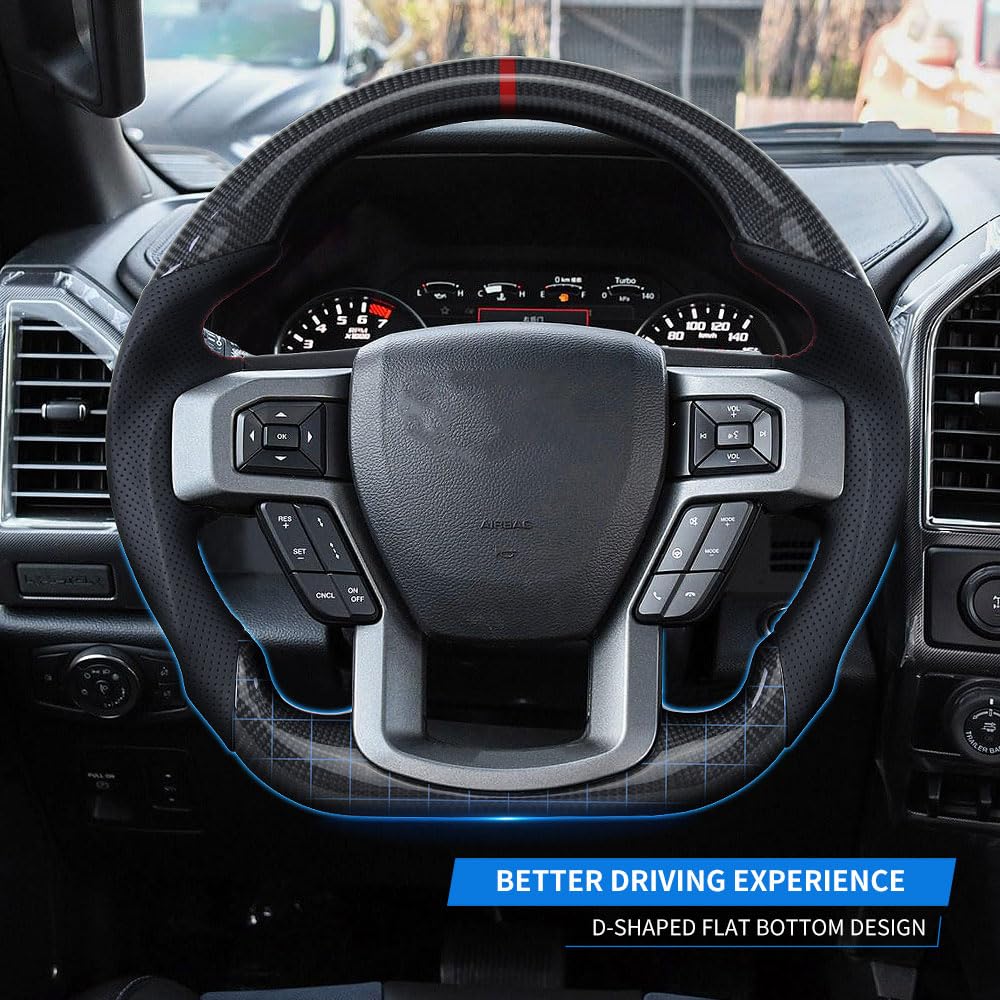 Hydro Dip Carbon Fiber Steering Wheel For Ford F150 & Raptor (2015-2020) – D-Shaped, Flat-Bottom, Perforated Leather