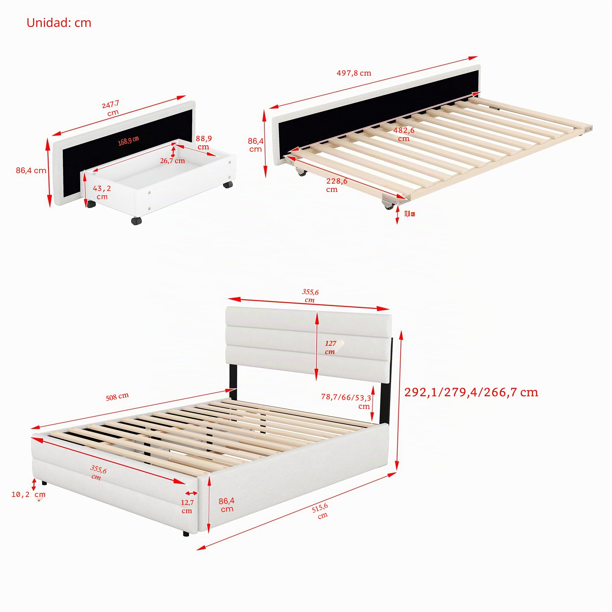 Sapgaks Cama de matrimonio de 140 x 200 cm, cama doble con canapé, con cama nido para dos personas (beige)