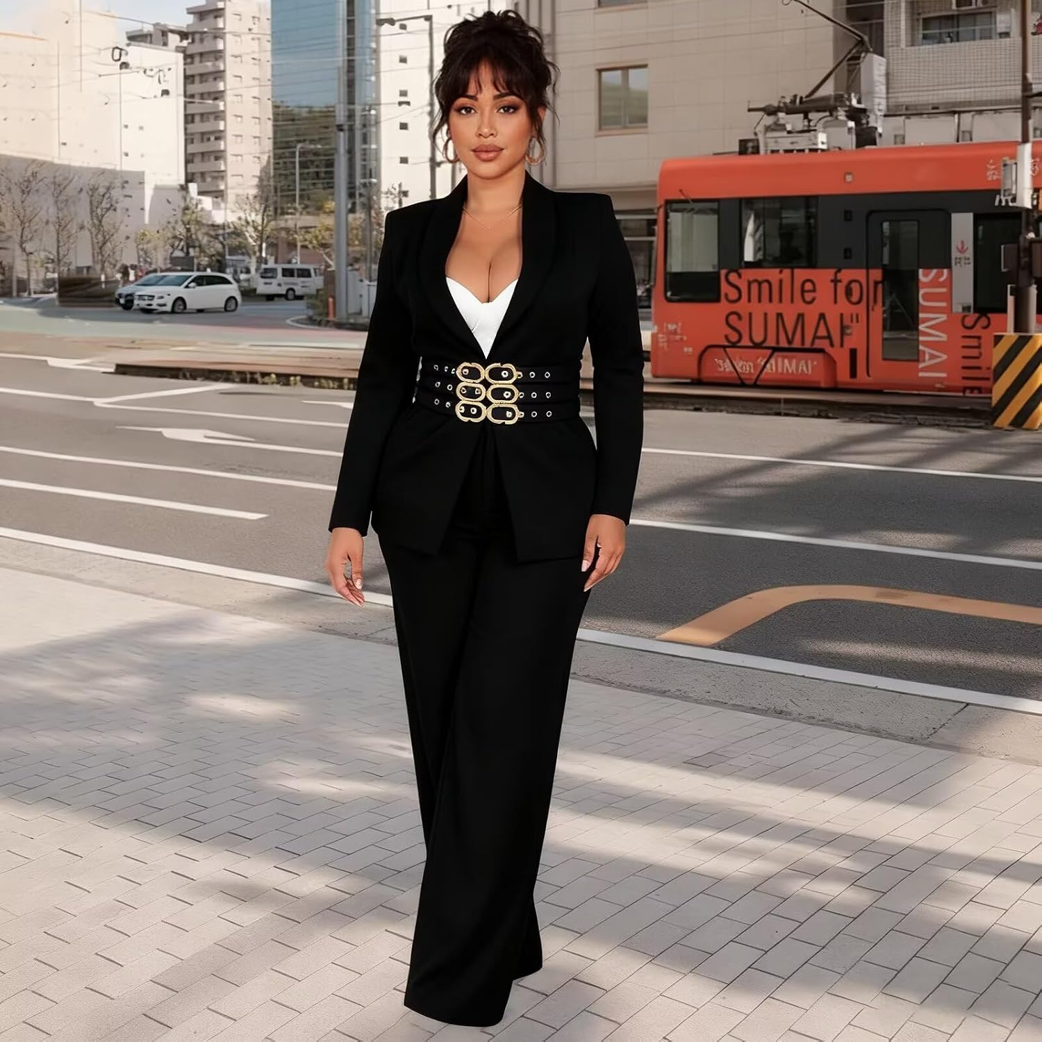 Womens Suits Thick Long Sleeve Belted Blazer and Pants Set Business Casual Interview Outfits with Pockets
