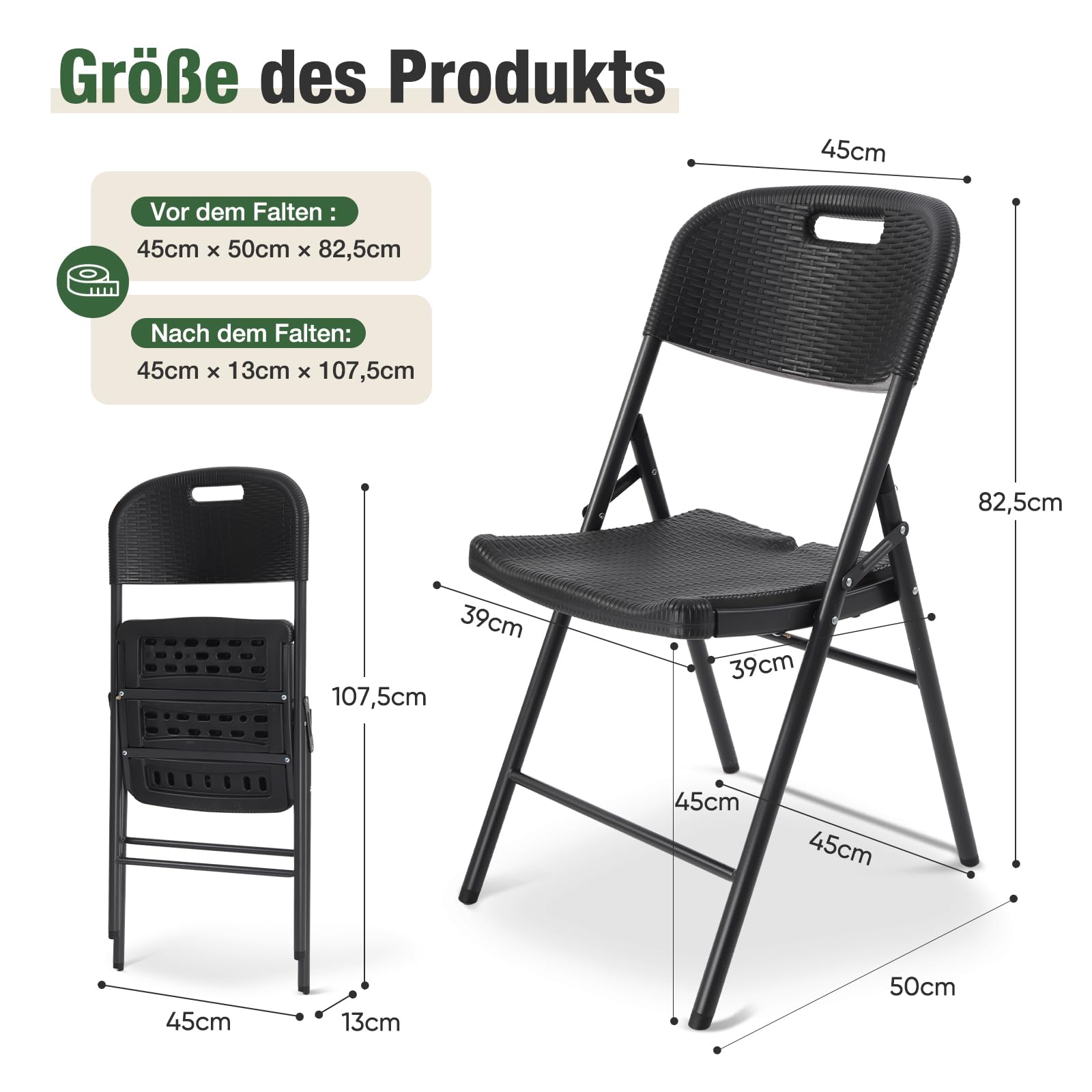 Sekey Klappstuhl 2er Set, Gartenstuhl Klappbar bis 150KG, Campingstuhl Wasserdicht aus Metall & Kunststoff, Schwarz