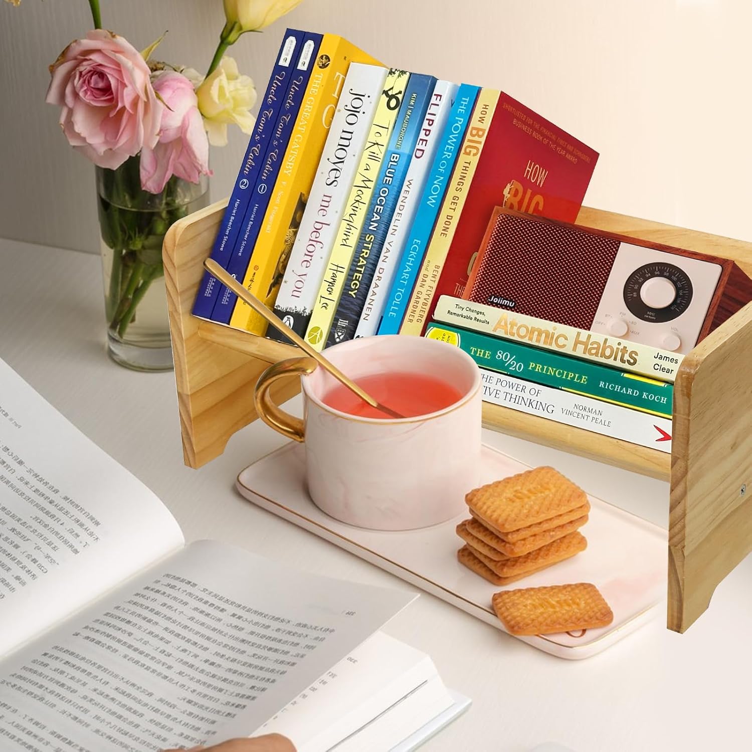 Desktop Bookshelf Organizer, Wood Office Tabletop Book Storage Rack, Tilting Bookcase for Books/Magazine Display,Small Desktop Bookshelf,Desk Shelf
