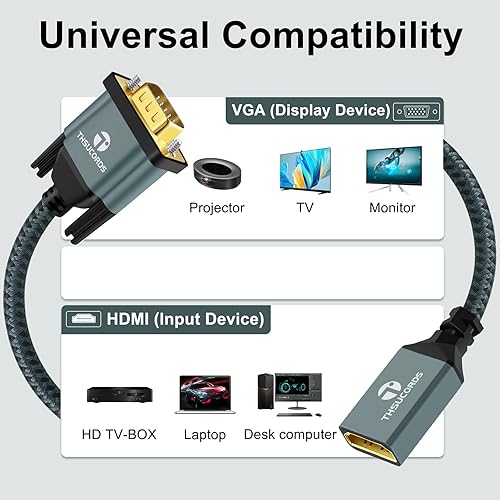 Miniatura 2 de Thsucords Cable adaptador VGA a HDMI de 1 pie, nailon trenzado HDMI hembra a VGA macho extensión extensión soporte 720P1080P PC computadora