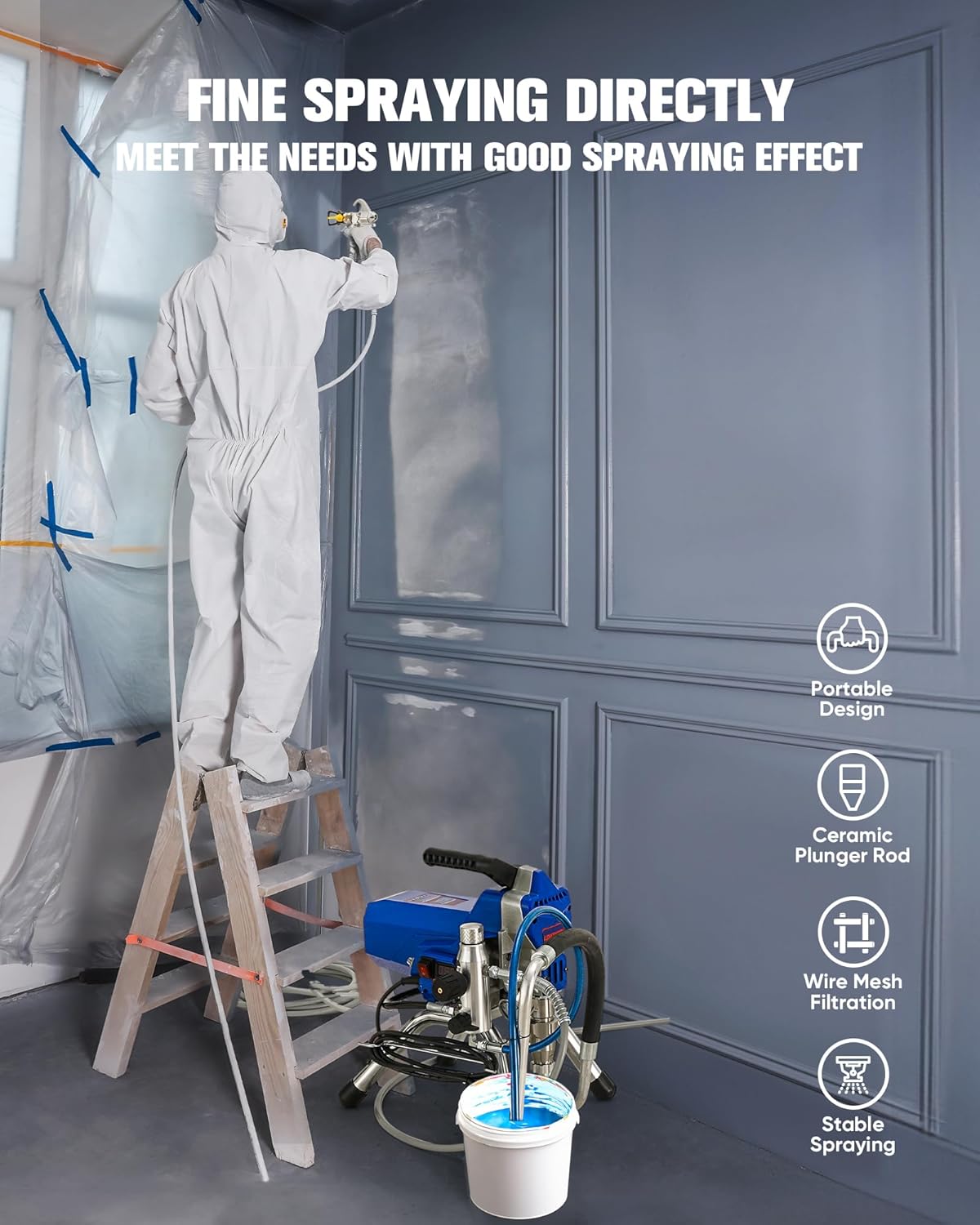 Person in protective gear using LDHTHOPI Airless Paint Sprayer indoors for fine finish