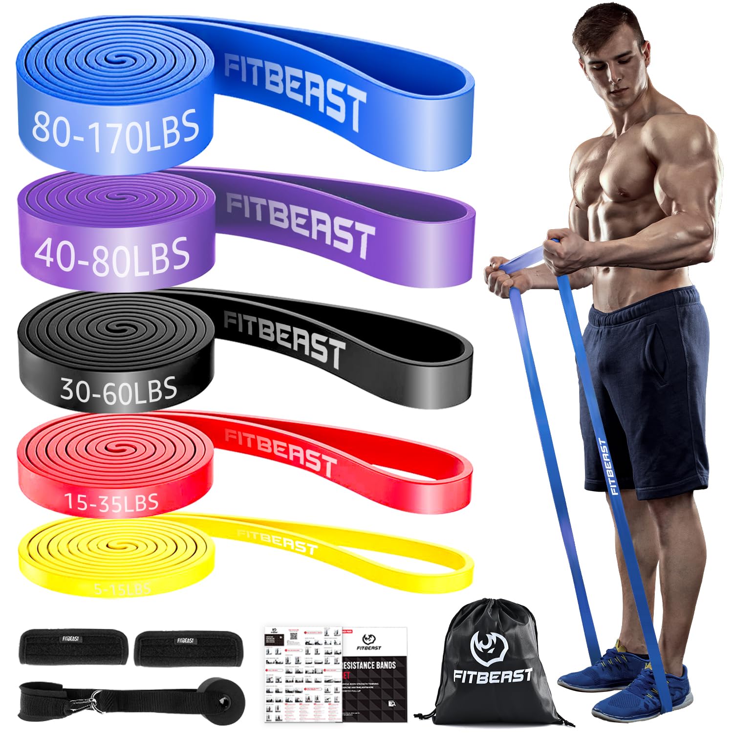 FitBeast Resistance Bands Set, 5 Levels Pull Up Bands for Bodyweight Training, Powerlifting, Muscle Building, Home Gym Workout, Stretching, Stretch Bands with Door Anchor