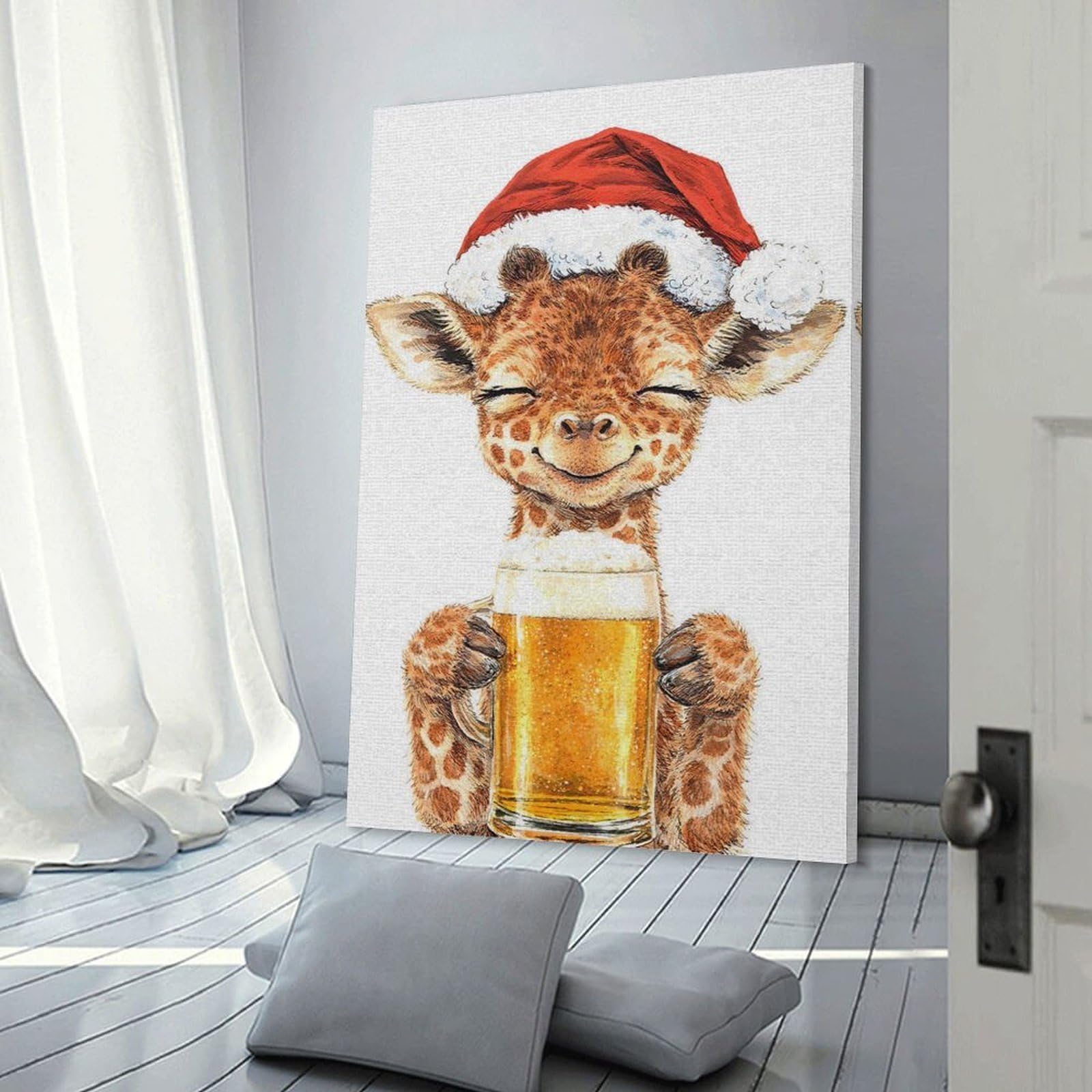 Junmoney Frame-Style-2-1 Canvas Wall Art Cute Giraffe In Santa Hat With Beer, 16X24inch(40X60cm), For Gallery Wall Decor And Room Displays, Decorative Artwork With Flexible Styling