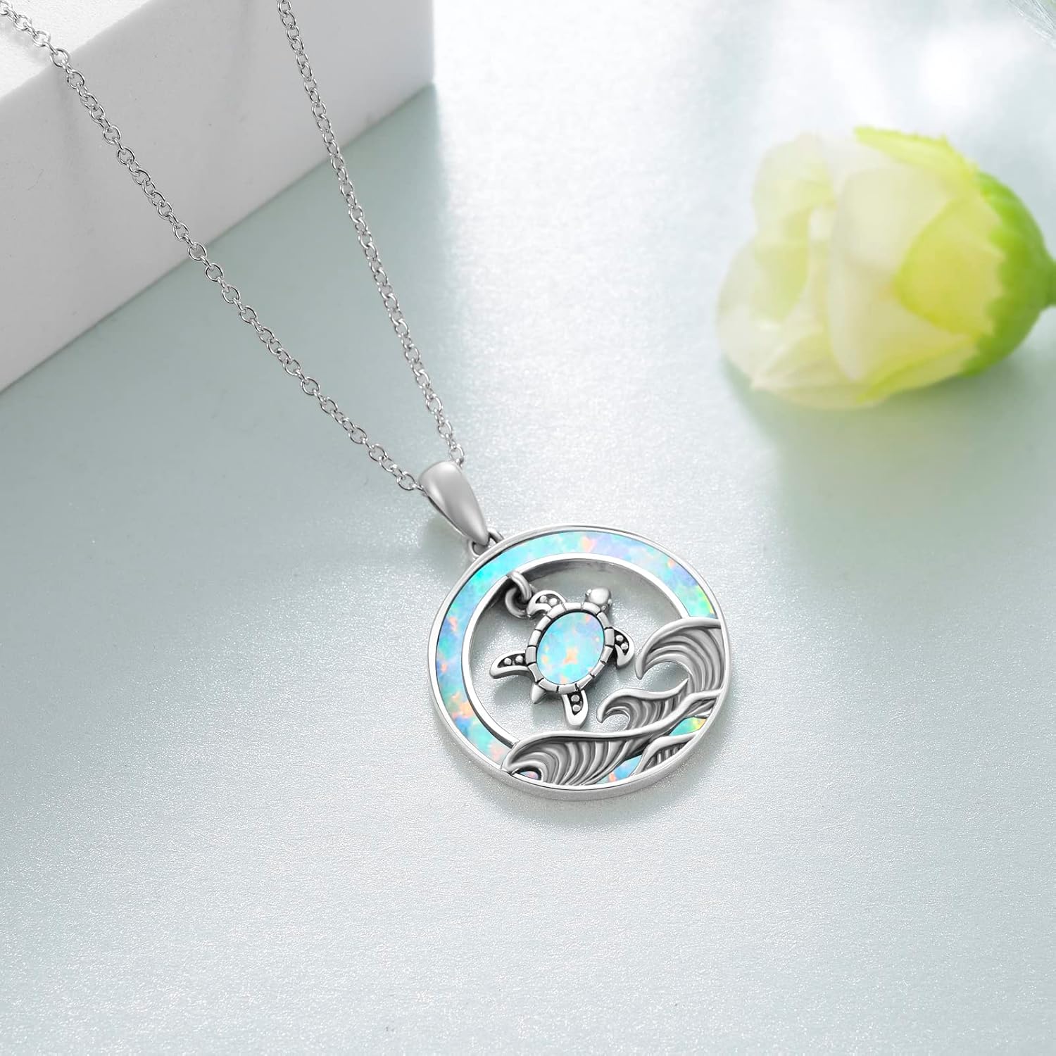 Opal Turtle Necklace for Women 925 Sterling Silver Ocean Wave and Cute Sea Turtle Pendant Heart Necklaces Birthday Holiday Beach Jewelry for Women - Image 4