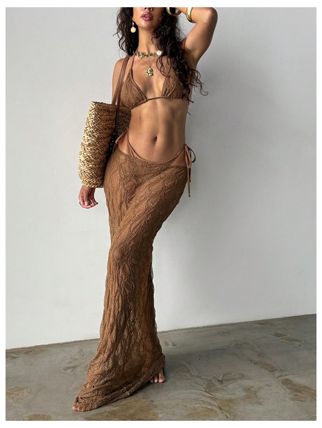 Damski 3-częściowy zestaw bikini wiązany na szyi trójkątny strój kąpielowy ze spódnicą okrycie brązowy duży