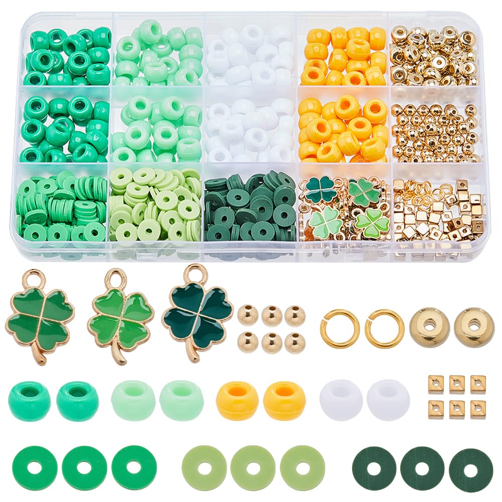 SUNNYCLUE 961Pcs St Patrick's Day Charms 8mm Pony Beads Round Opaque Polymer Clay Heishi Flat Disc Beads Enamel Four Leaf Clover Irish Shamrock Charm Golden Loose Spacers for Jewelry Making Kits