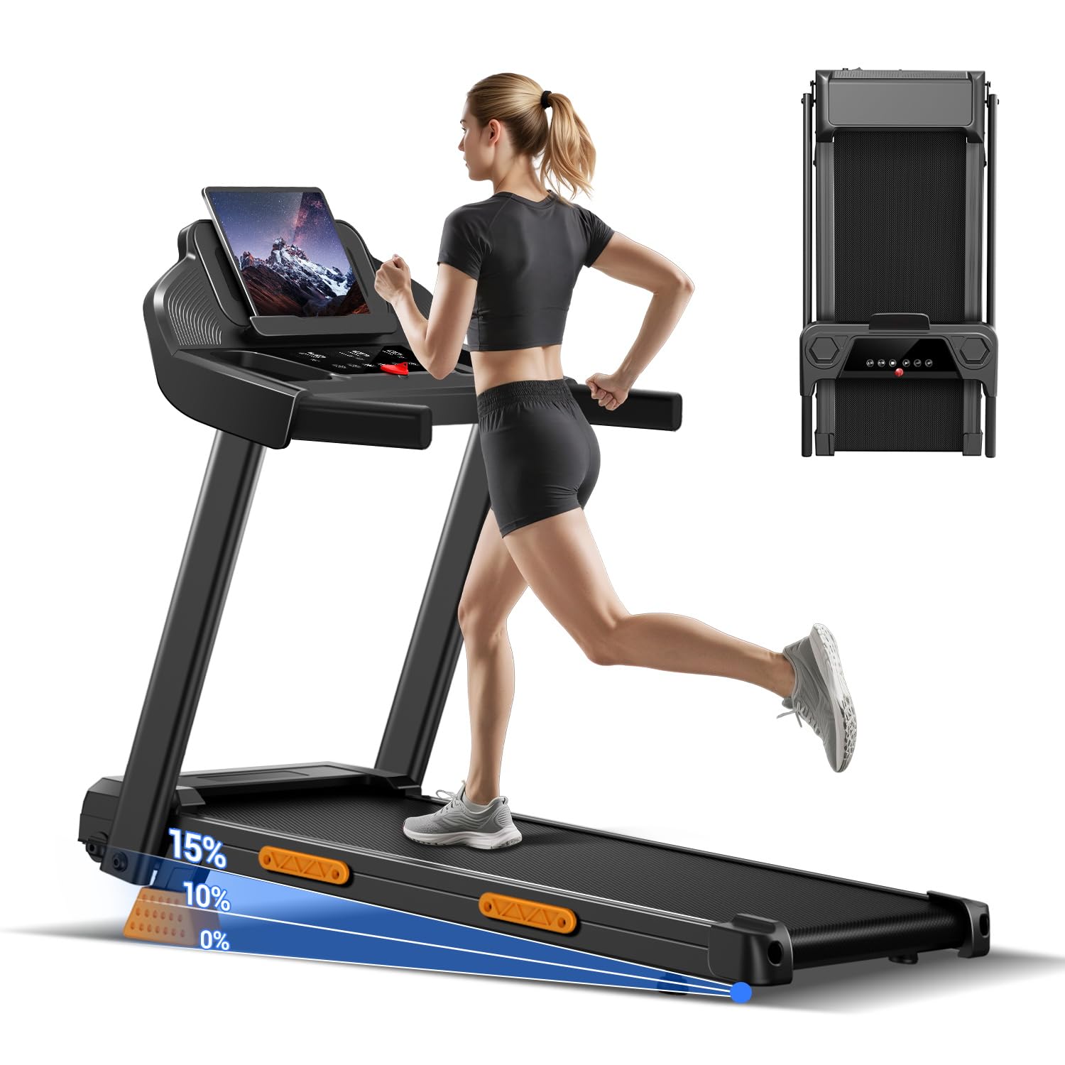 UMAY Składana Bieżnia do Domu z Nachyleniem 15%,1-12KM/H | Bieżnia do chodzenia z silnikiem 3.0 HP i wyświetlaczem LED,Treadmill Home z uchwytami,Bieżnia Kompaktowa,Maks.136 kg