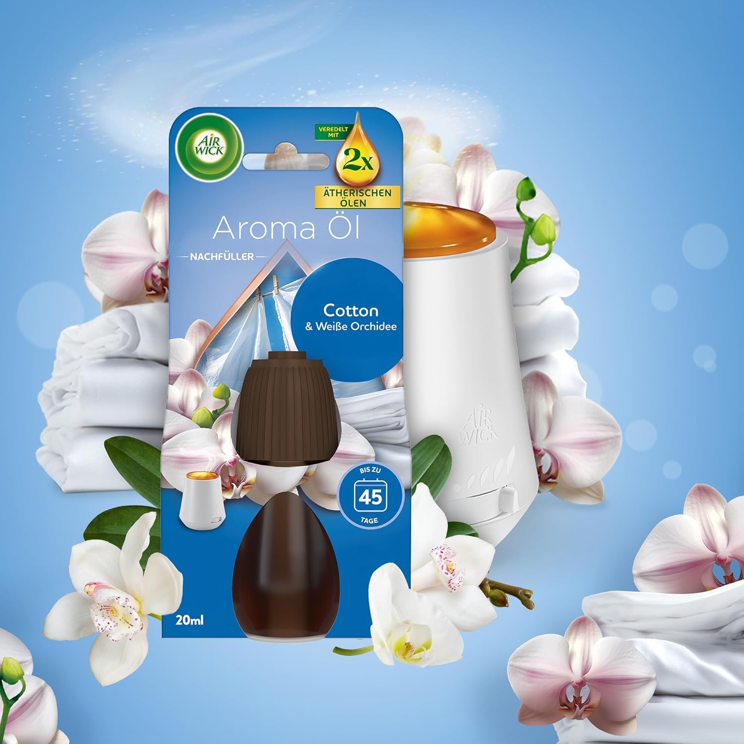 Air Wick Aroma-Öl Diffuser Starter-Set – 4 Sets mit je 1 elektrischem Gerät und 1x20ml Duftöl Nachfüllflakon Cotton & Weiße Orchidee für Raumbeduftung und Wohlfühlatmosphäre