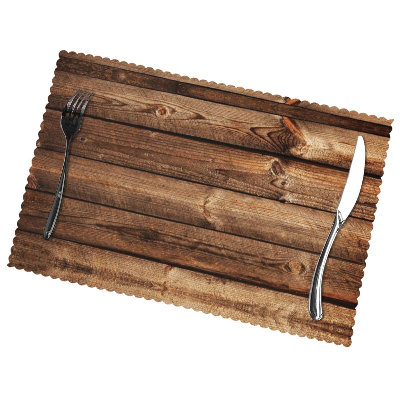 Brown Wooden Placemats Set Of 6, Polyester Heat Resistant Table Mats Washable Placemat For Kitchen Dining Table Decoration