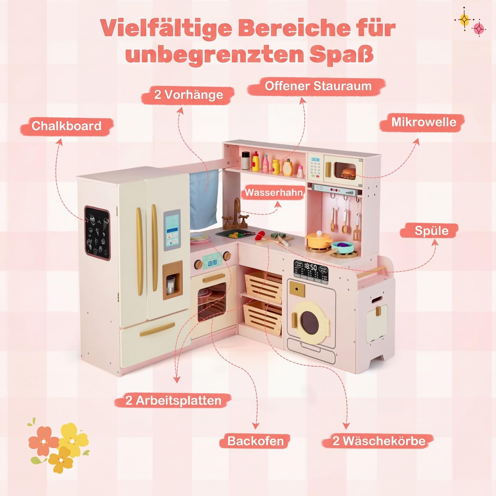 COSTWAY Kinderküche mit Licht und Sound, Eck-Spielküche Holz mit Mülleimer, Doppeltür-Kühlschrank, Spüle, Waschmaschine, Mikrowelle & 22 Zubehörteilen, Holzküche für Kinder ab 3 Jahren (Rosa)