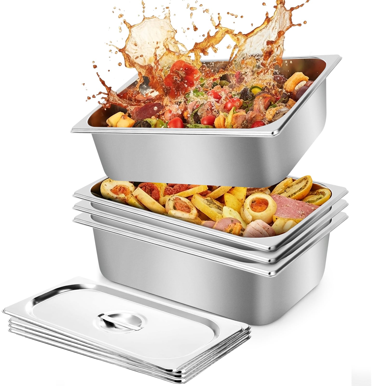 4 Pack Steam Table Hotel Pans, 1/2 Size 4 Inch Deep Stainless Steel Metal Tray Sets, Food Storage Container for Restaurant Chafing Dishes Commercial Buffet Warmer Catering Storage