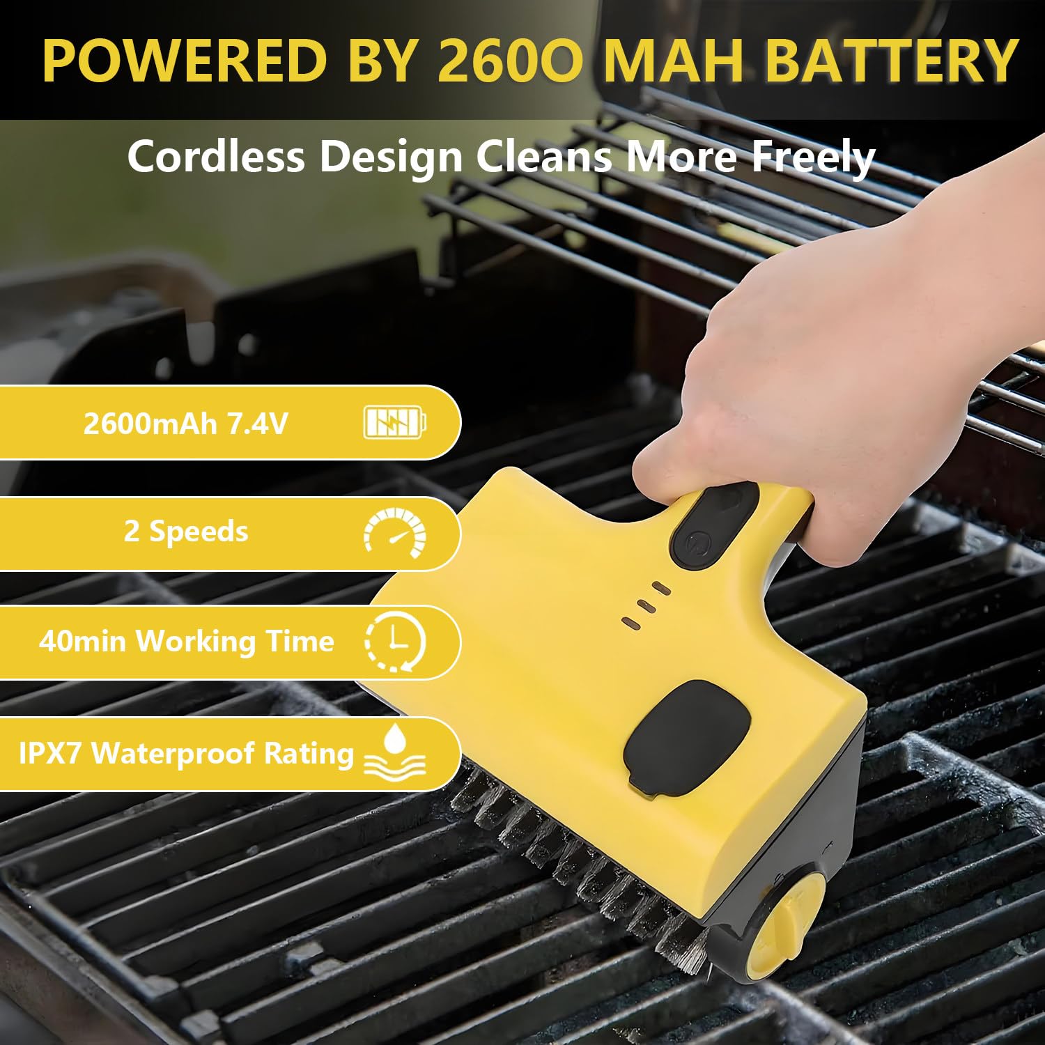 Spazzola Barbecue, Pulisci Griglia BBQ Elettrico, con 2 Testine Rotanti a 360°, 2 velocità Regolabili, Spruzzo d'Acqua One-Touch, Adatto per La Pulizia di Piastrelle, Fornelli
