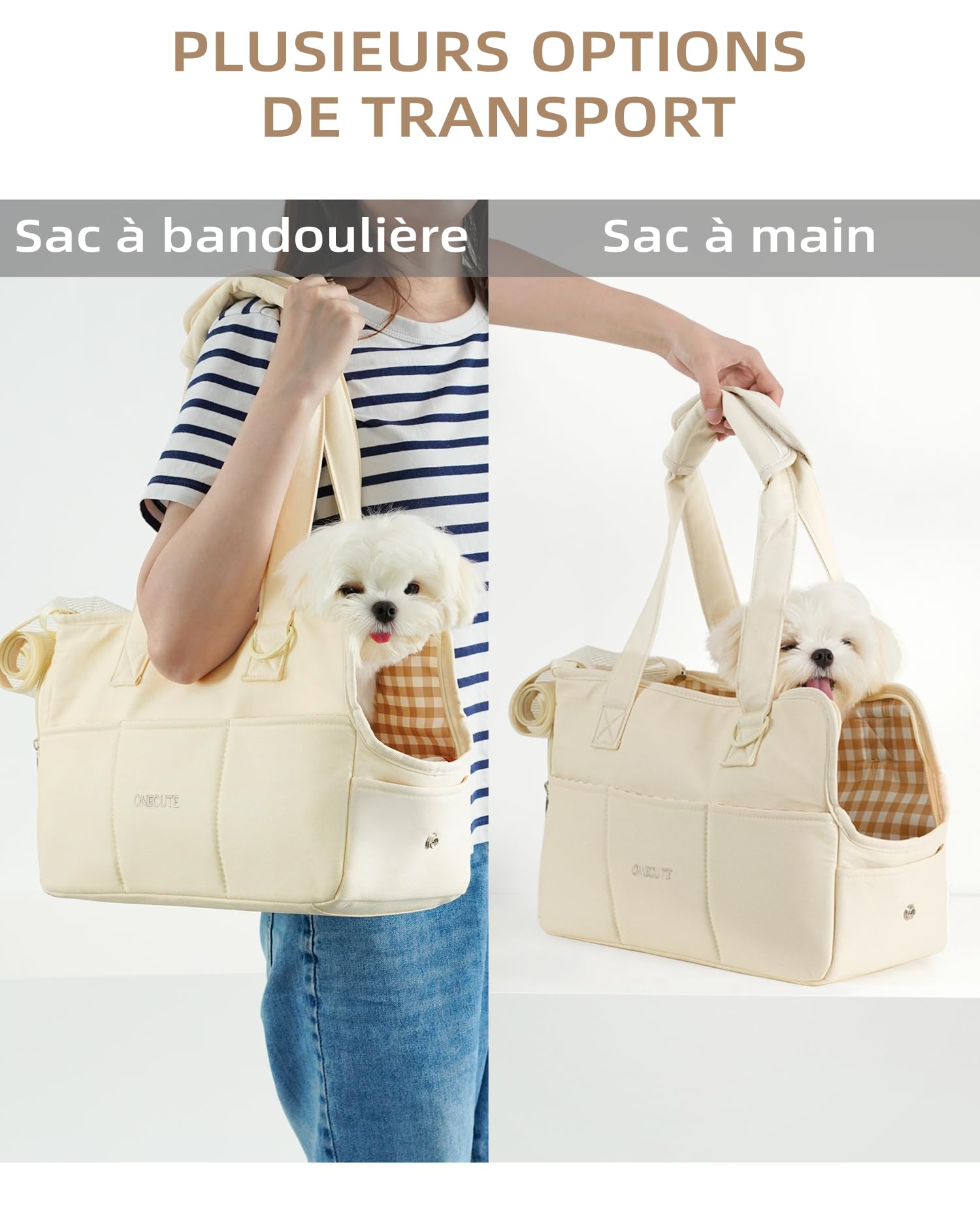 ONECUTE Borsa da trasporto per gatti e cani e cuccioli, traspirante e pieghevole, borsa da viaggio, borsa a tracolla per cani per piccoli animali, capacità di carico fino a 3 kg (piccolo, beige)