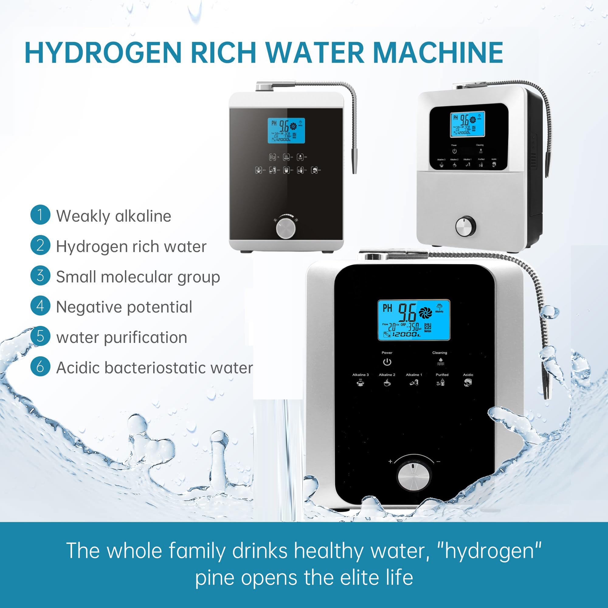 Generador de agua con hidrógeno de 2000 W, máquina ionizadora de agua, pH 3-11, ORP de 500 mV-800 mV, limpieza automática, filtro de agua con pantalla táctil LCD,Black-B