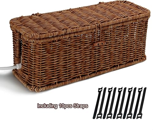 Miniatura 8 de Caja de organización de cables, caja organizadora de cables de ratán tejida a mano con tapa y bloqueo de botón, caja decorativa con soporte para