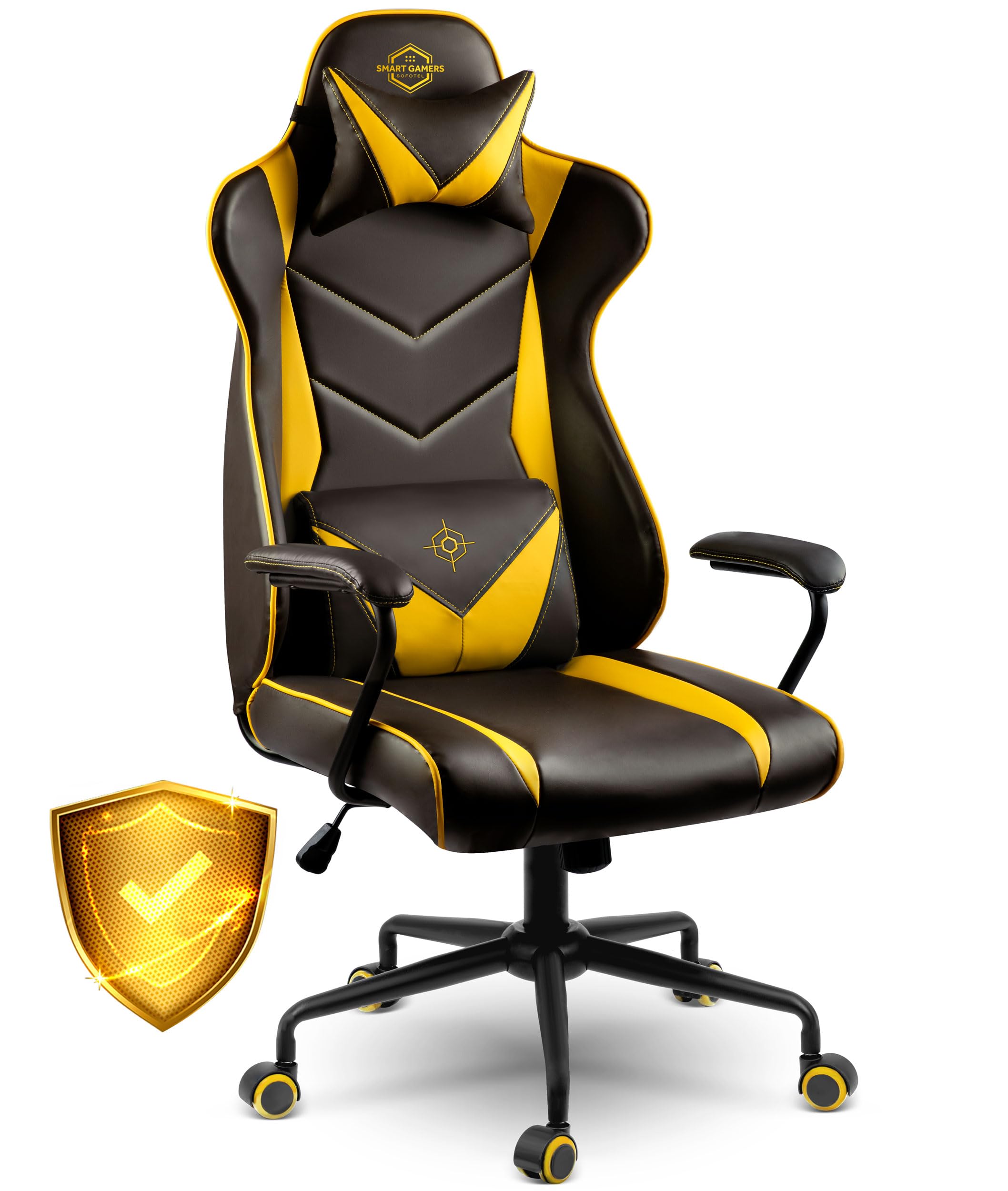 Sedia da ufficio ergonomica, da gioco, imbottita, ergonomica, per gaming, con poggiatesta, supporto lombare, braccioli, funzione basculante, per gaming, colore nero, giallo