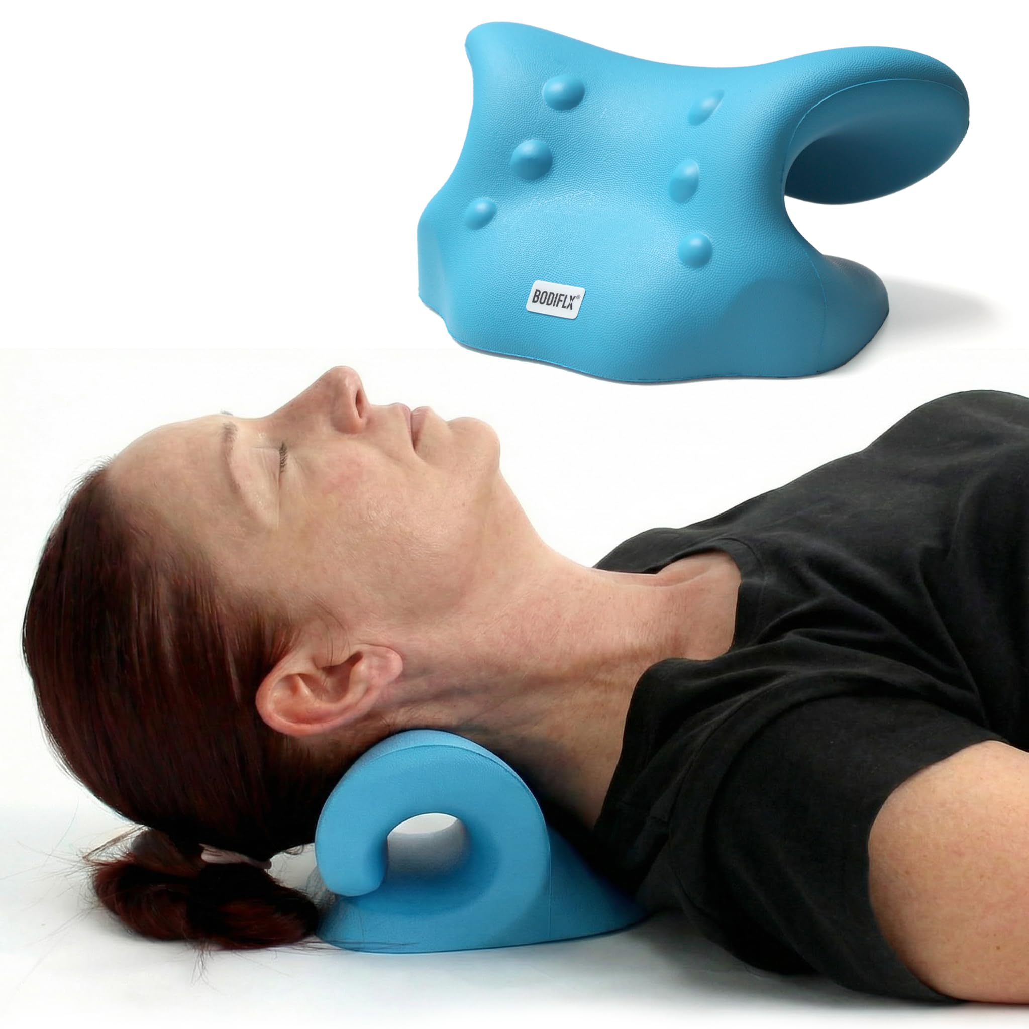 BODIFLX Cervical Stretcher, Cervical Traction Device for Pain Relief and Relaxation, Dowagers Hump and Posture Corrector, Chiropractic Cervical Pillow for Spine Alignment, Polyurethane Foam, Blue