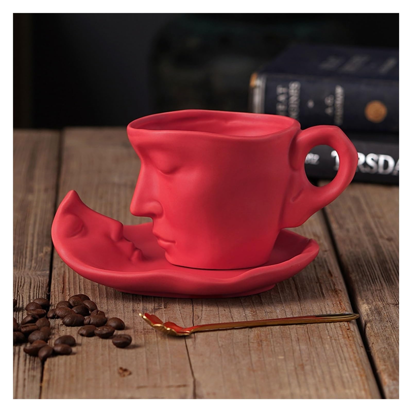 KYOFIS Kiss Coffee Mug, Tea Cup and Saucer Set Creative Ceramic Touching Face Coffee Mug Teacup for Couple Man Woman Unique Gift (Color : Red, Size : 250ml)