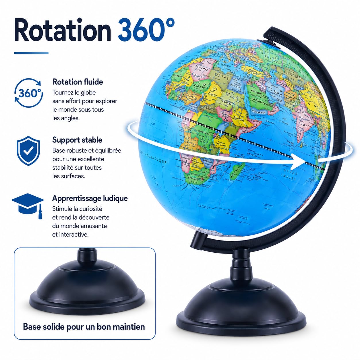 EXERZ Globe Terrestre 20cm Carte Française Pivotant Éducatif | Carte politique lisible avec base stable pour école maison bureau enfants étudiants et apprentissage géographie