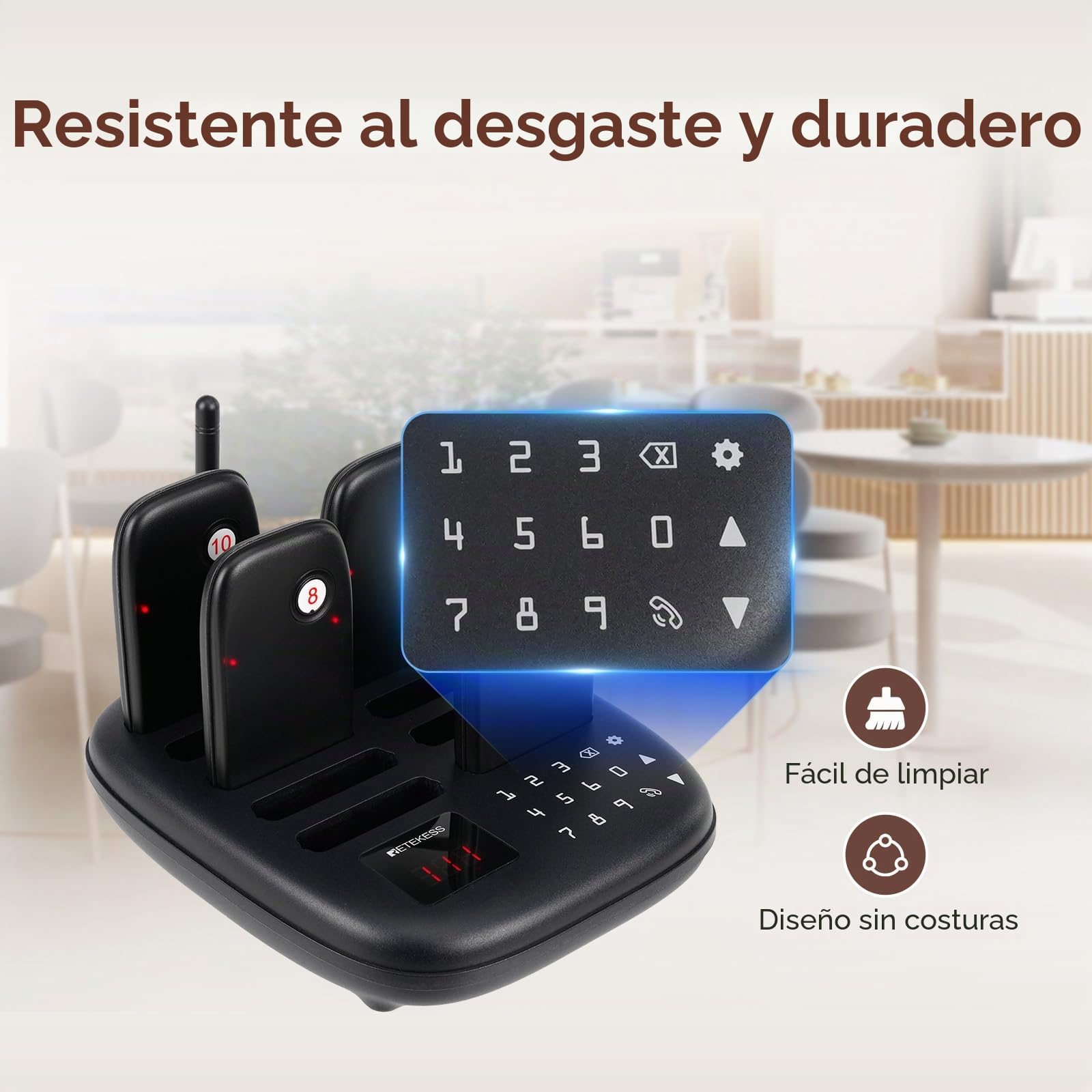 Retekess TD175S Buscapersonas Rufsystem, Sistema de Buscapersonas para Restaurante, Exterior 800m, 7 Modos de Llamada con Vibración, Botón Táctil Fácil de Limpiar, para Coches Comedor (10 pagers)