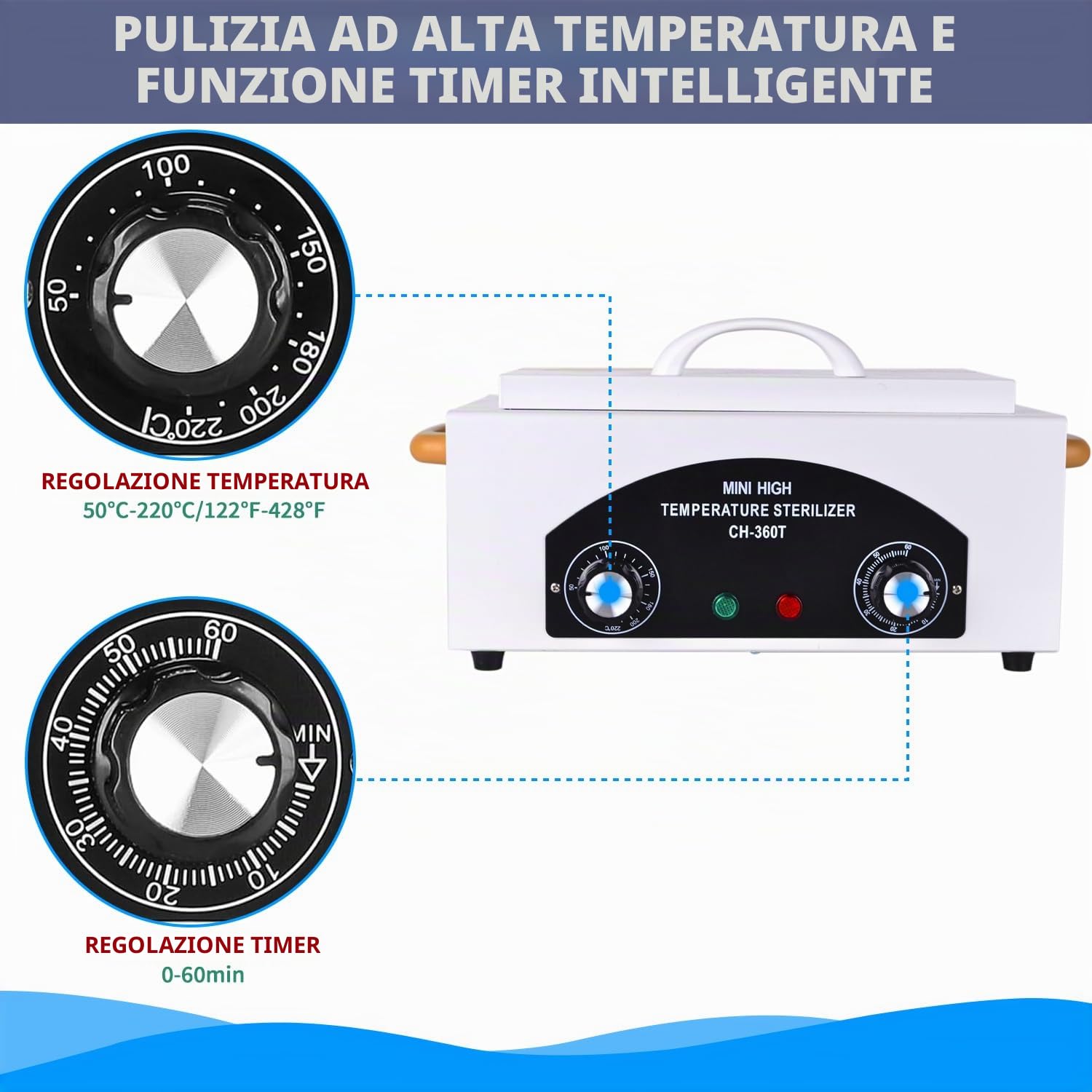 Sterilizzatore ad aria calda da 1,5 l, 220 °C, 300 W, temperatura regolabile, sterilizzatore per strumenti con timer, strumento per unghie, pinzette, forbici, sterilizzatore per cosmetici, studi di