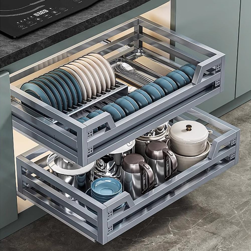 Mobile da cucina allungabile in acciaio inox, scolapiatti a 2 ripiani con vassoio antigoccia e meccanismo di chiusura ammortizzata, apertura cassetto/anta