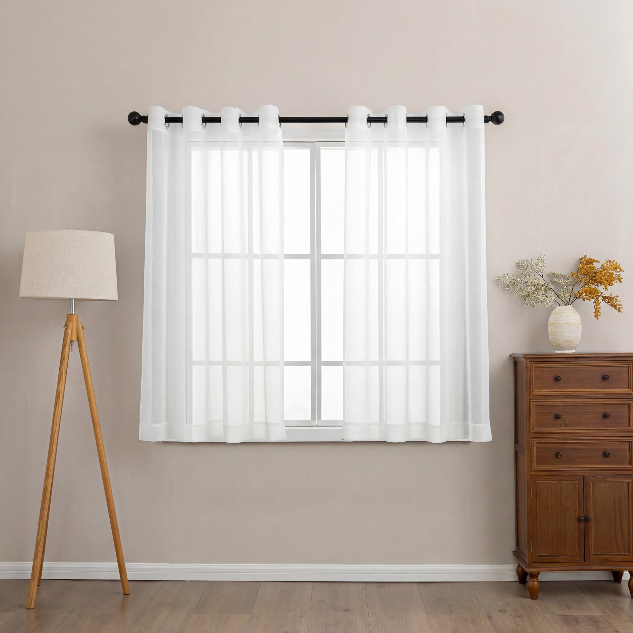 Sonive Curtains Set of 2 L 137×W 145 cm 57×53 in Linen-Look Transparent Decorative Curtain Sheer Curtains for Bedroom Living Room, White