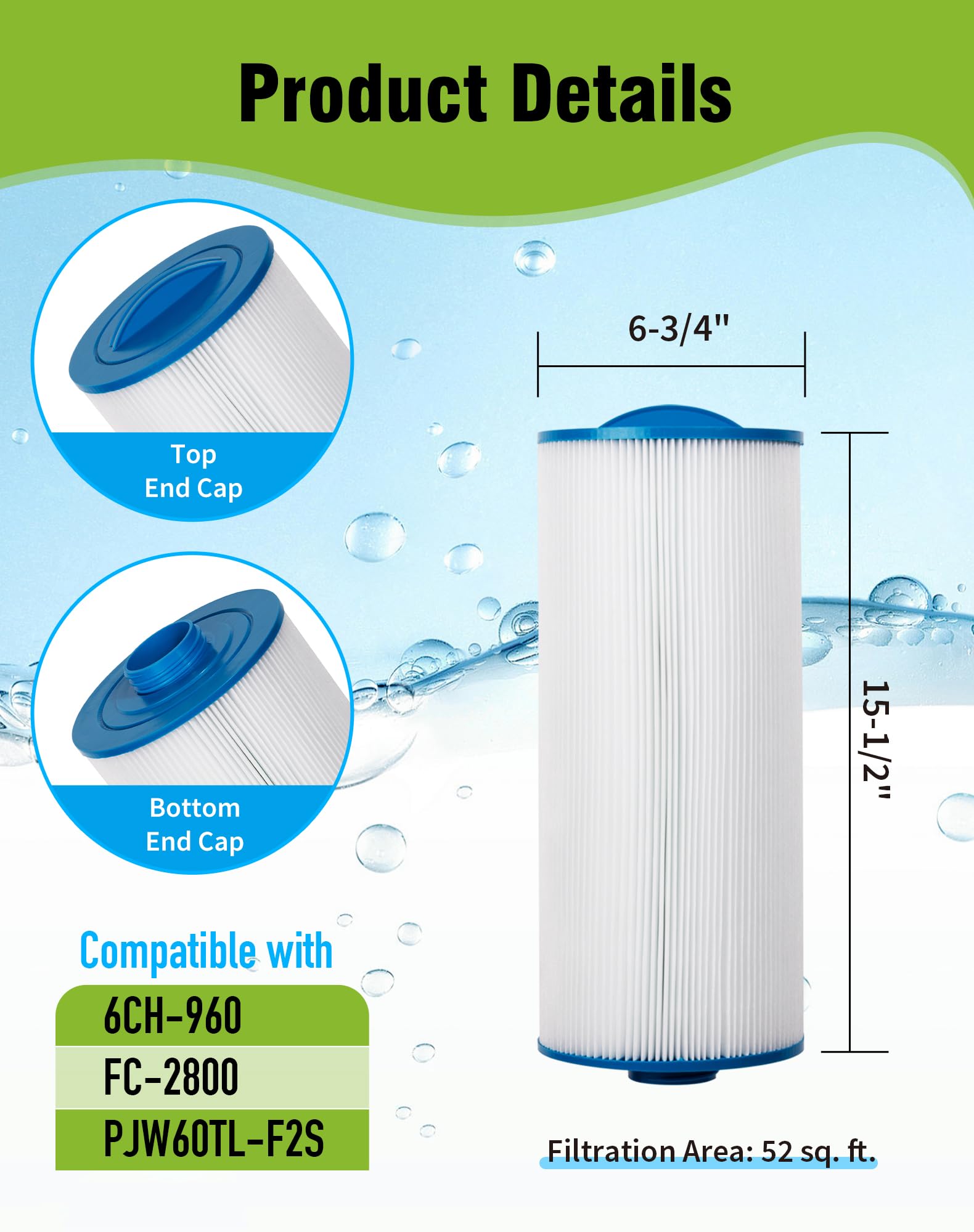 Lot de 2 Cartouches filtrantes de Rechange pour Piscine et Spa Unicel 6CH-960, Filbur FC-2800, PJW60TL-F2S