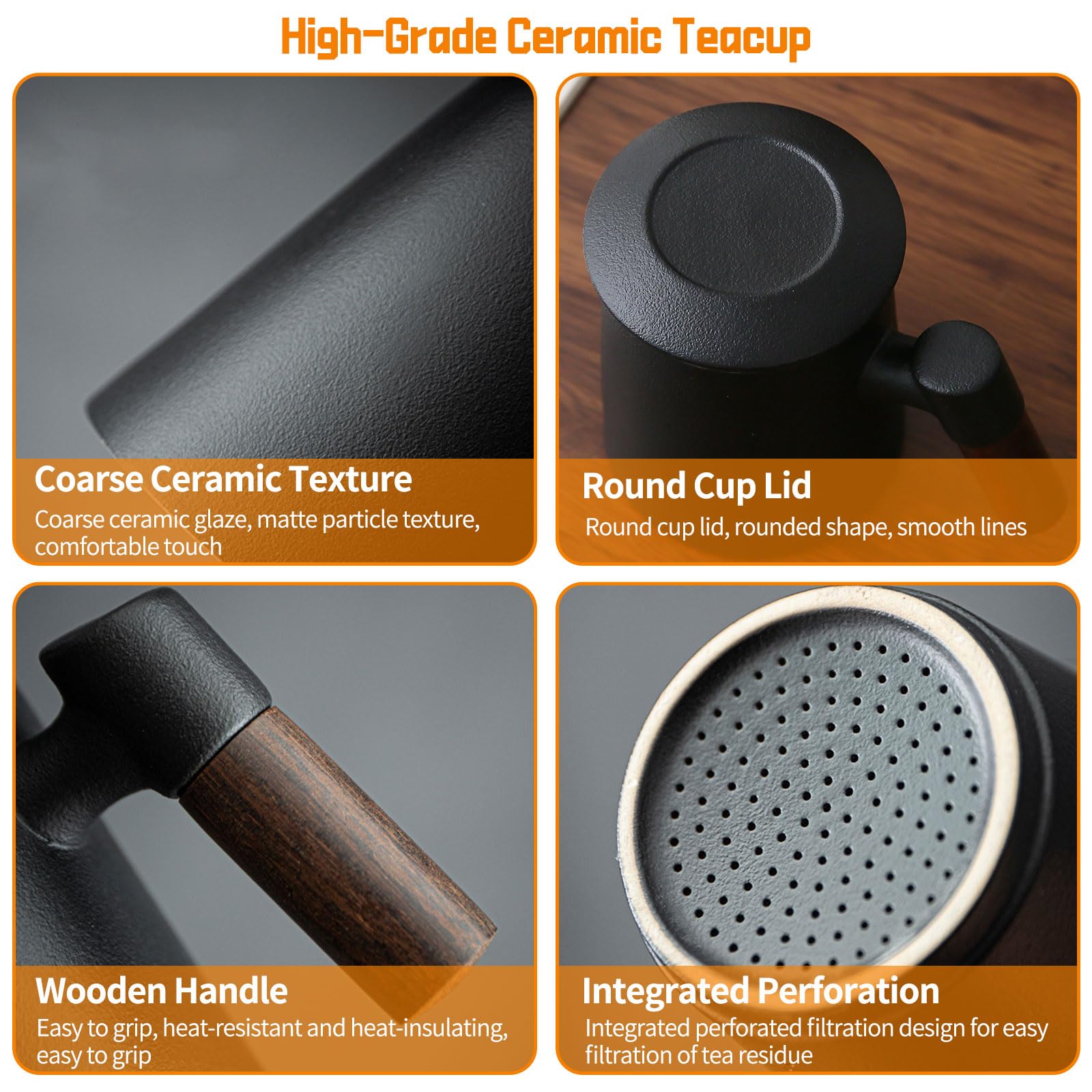 Tazza di Ceramica con Filtro e Coperchio, Tazze da Te con Infusore e Colino 400ml Grande, Tazzine da The con Manico Legno perfetto per La Preparazione di tè Sciolto, Regalo Tazza per Tisana Infusi