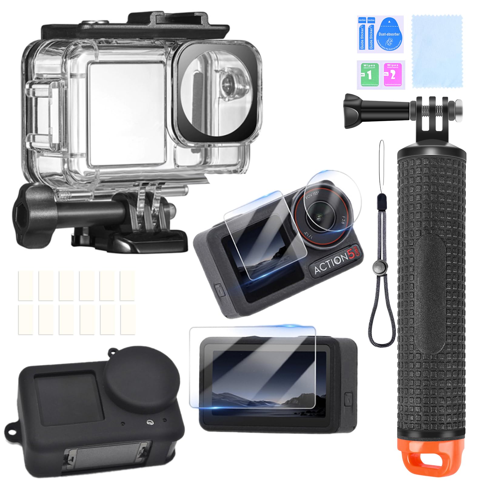 Zestaw akcesoriów do DJI OSMO Action 5 Pro, wodoodporna obudowa do nurkowania, podwodny uchwyt pływający, folia ochronna do szkła, silikonowe etui z osłoną obiektywu, wkładki przeciwmgielne