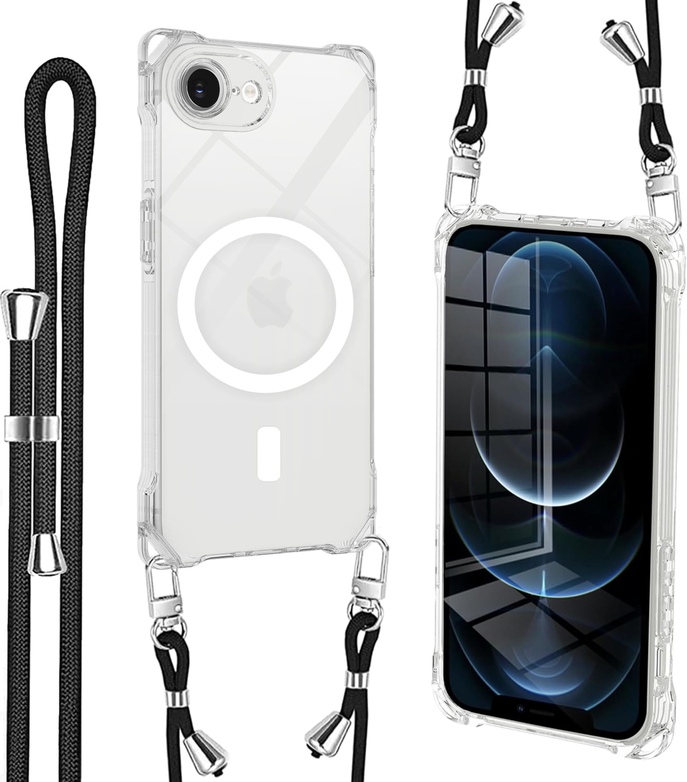 iPhone 16e 用 ケース クリア Magsafe対応 マグネット搭載 ショルダー ストラップ付 携帯カバー 耐衝撃 全面保護 アイフォン16e 用 ソフトTPU 純透明 スマホケース 紐付き 肩がけ 首掛け 縄掛けケース 落下防止 紛失防止【き調節可能 取り外し可能】TPU 薄型 軽量 Qiワイヤレス充電対応【いphone 16eクリア】