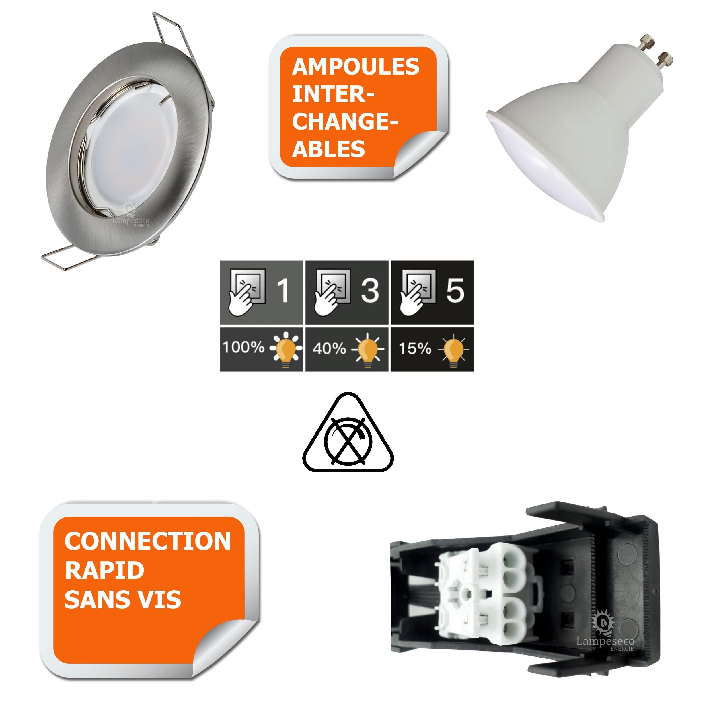 LampesEcoEnergie 10 SPOTS LED DIMMABLE SANS VARIATEUR 7W eq.56w BLANC CHAUD FINITION ALU BROSSE
