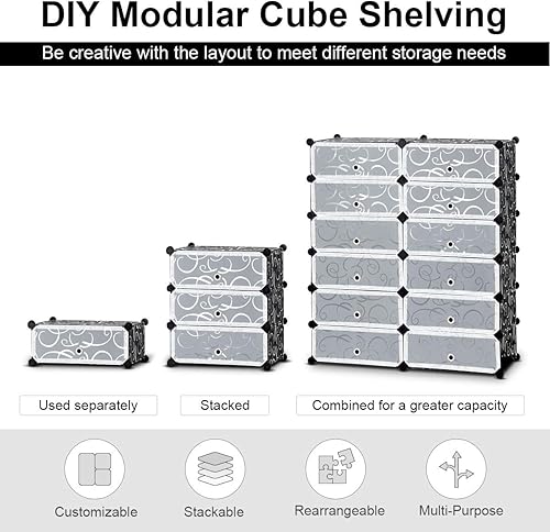 Miniatura 6 de Tangkula - Zapatero de 12 cubos gabinete de almacenamiento de cubos de bricolaje gabinete modular de plástico con puertas sistema de almacenamiento